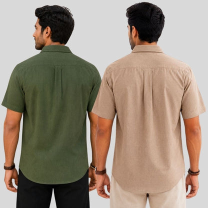 Combo of 2  Linen Half Sleeve Shirt Olive Green and Dark Beige-51957