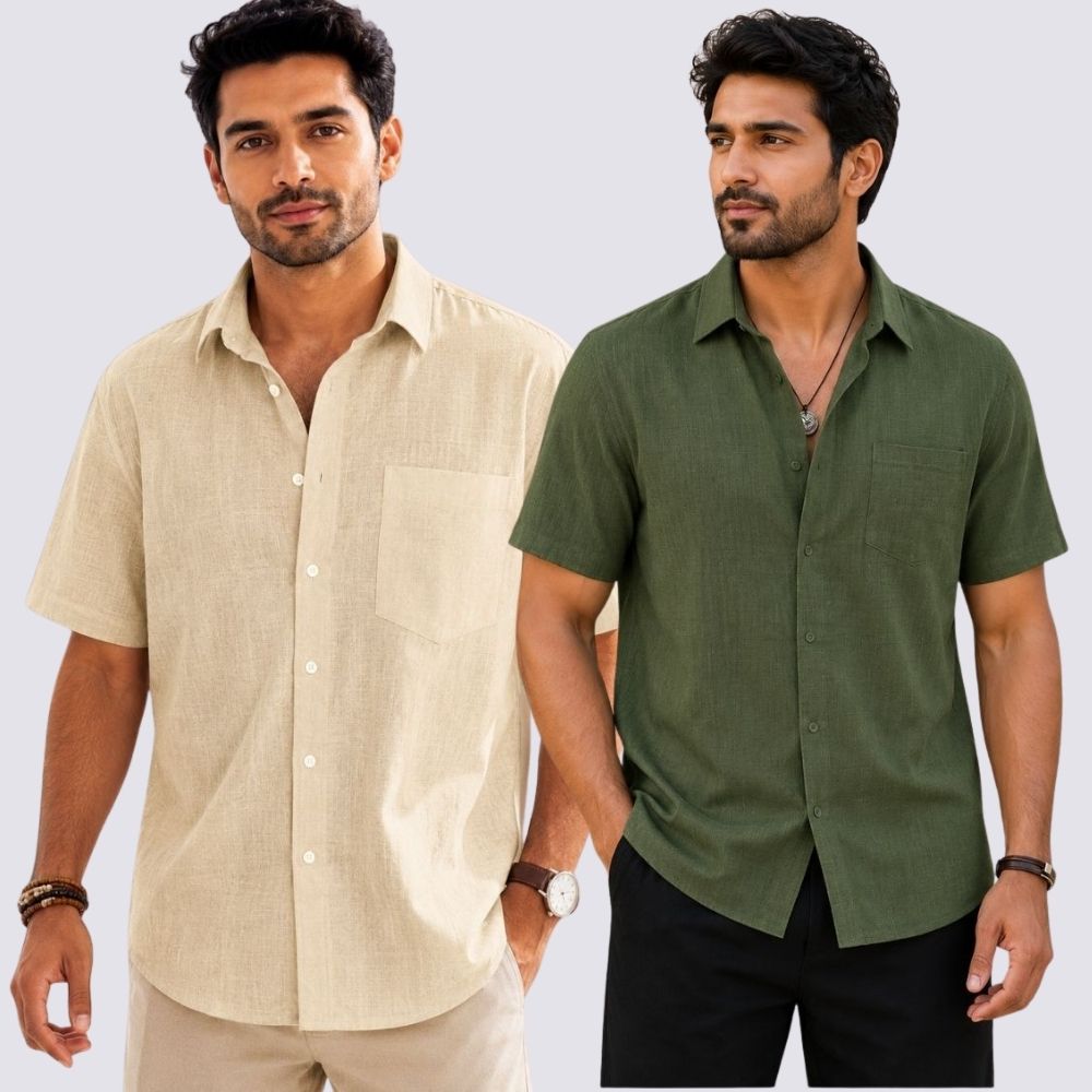 Combo of 2  Linen Half Sleeve Shirt Olive Green and Beige-51958
