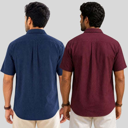 Combo of 2  Linen Half Sleeve Shirt Navy Blue and Maroon-51959