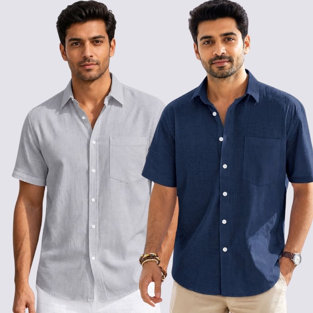 Combo of 2  Linen Half Sleeve Shirt Navy Blue and Light Gray-51960