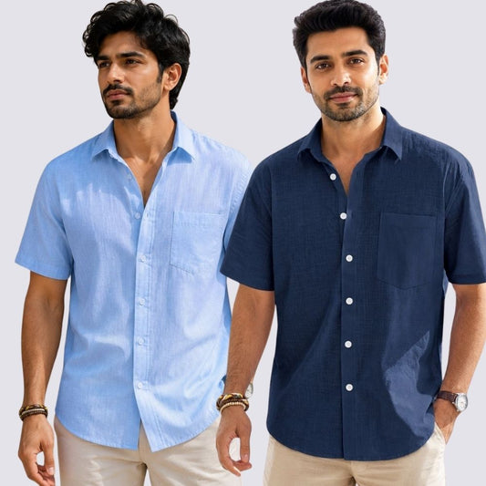 Combo of 2  Linen Half Sleeve Shirt Navy Blue and Sky Blue-51961
