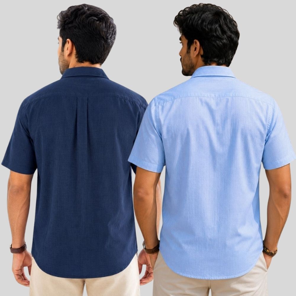 Combo of 2  Linen Half Sleeve Shirt Navy Blue and Sky Blue-51961
