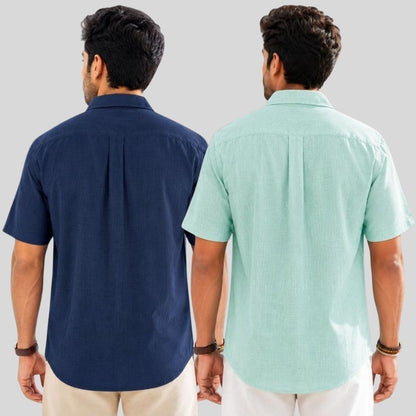 Combo of 2  Linen Half Sleeve Shirt Navy Blue and Parrot Green-51964