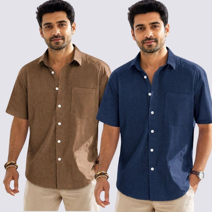 Combo of 2  Linen Half Sleeve Shirt Navy Blue and Brown-51965