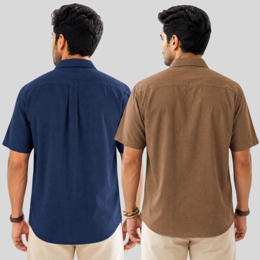 Combo of 2  Linen Half Sleeve Shirt Navy Blue and Brown-51965