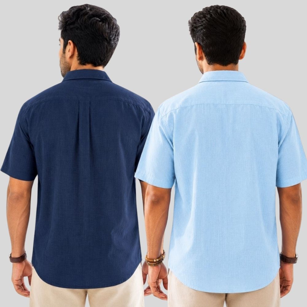 Combo of 2  Linen Half Sleeve Shirt Navy Blue and Light Blue-51967