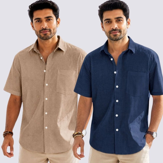 Combo of 2  Linen Half Sleeve Shirt Navy Blue and Dark Beige-51968