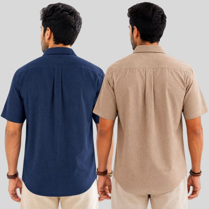 Combo of 2  Linen Half Sleeve Shirt Navy Blue and Dark Beige-51968