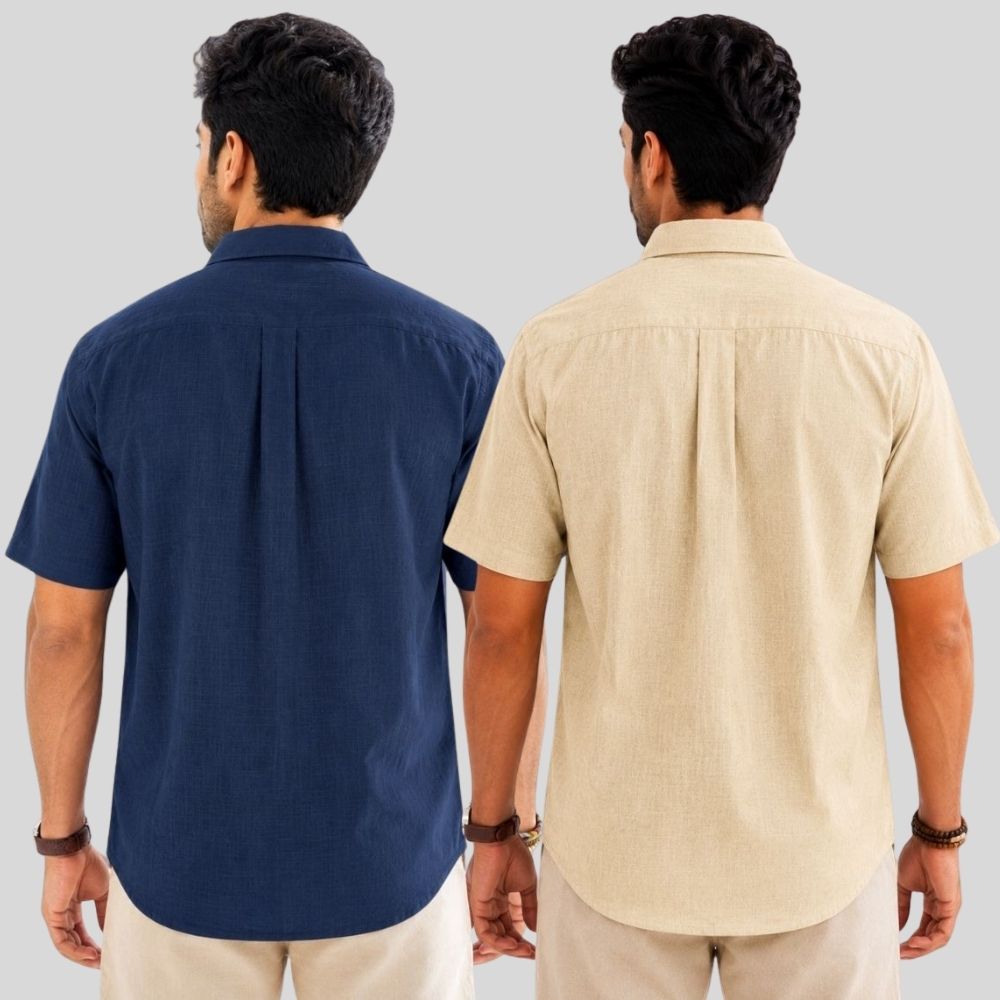 Combo of 2  Linen Half Sleeve Shirt Navy Blue and Beige-51969