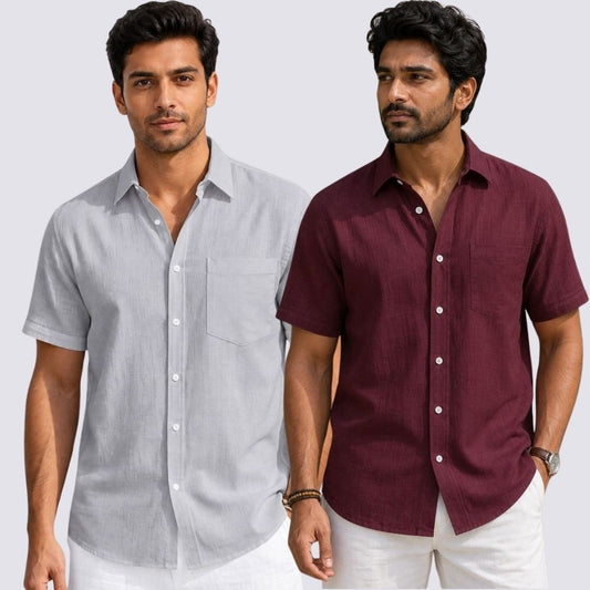 Combo of 2  Linen Half Sleeve Shirt Maroon and Light Gray-51970