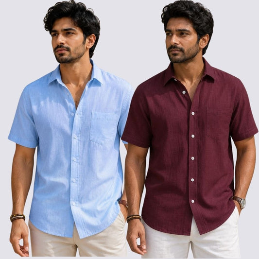 Combo of 2  Linen Half Sleeve Shirt Maroon and Sky Blue-51971