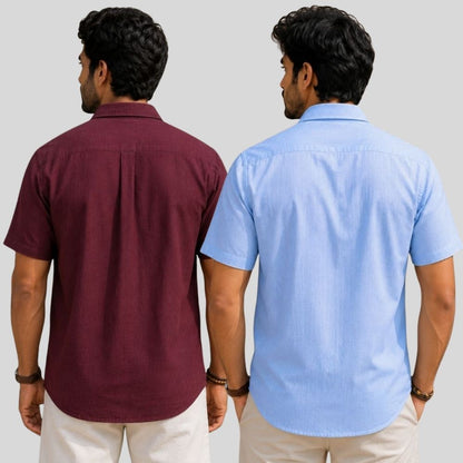 Combo of 2  Linen Half Sleeve Shirt Maroon and Sky Blue-51971