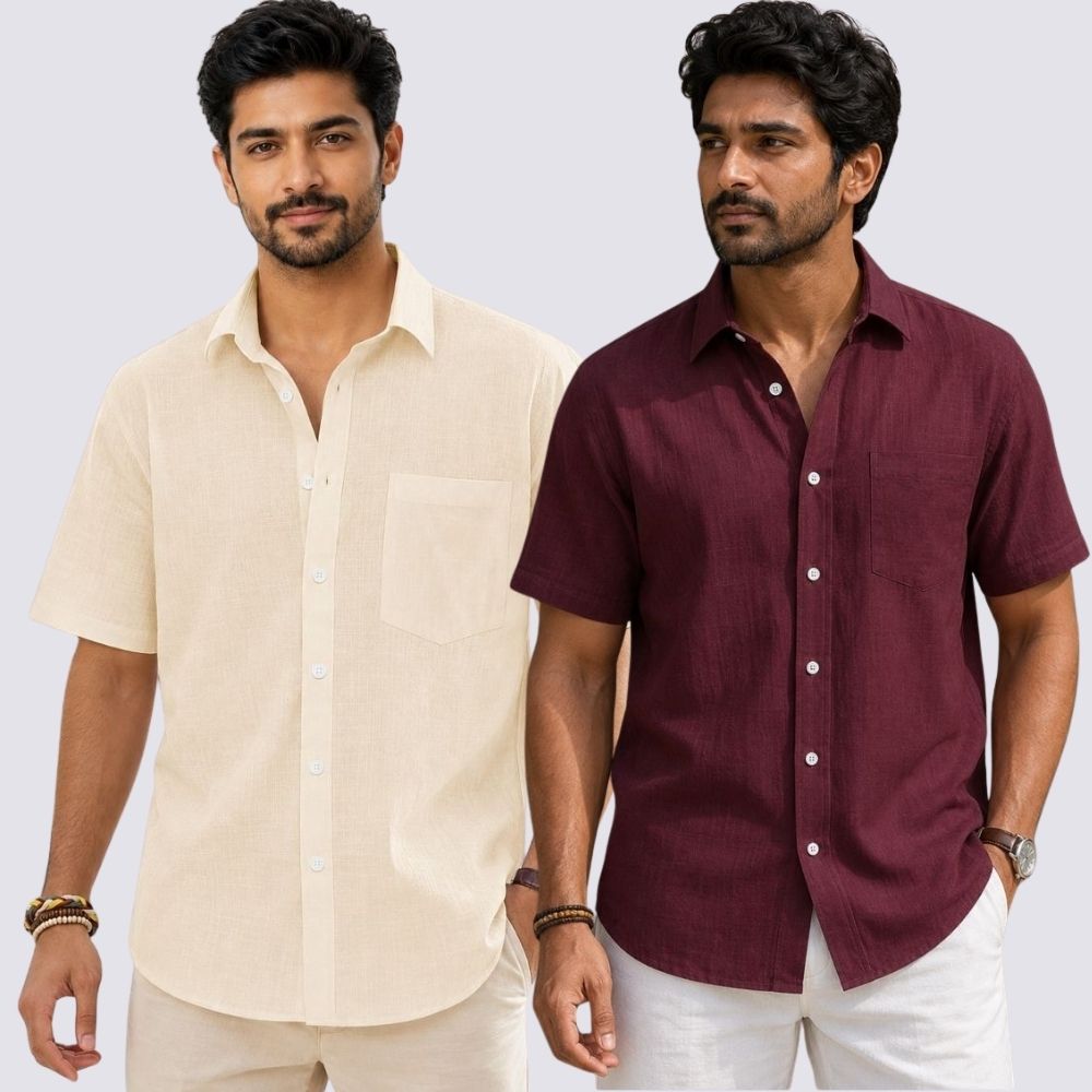 Combo of 2  Linen Half Sleeve Shirt Maroon and Light Beige-51972