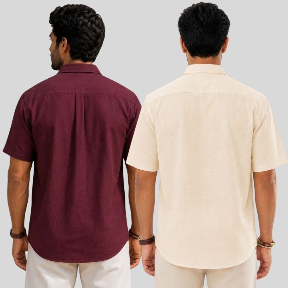 Combo of 2  Linen Half Sleeve Shirt Maroon and Light Beige-51972