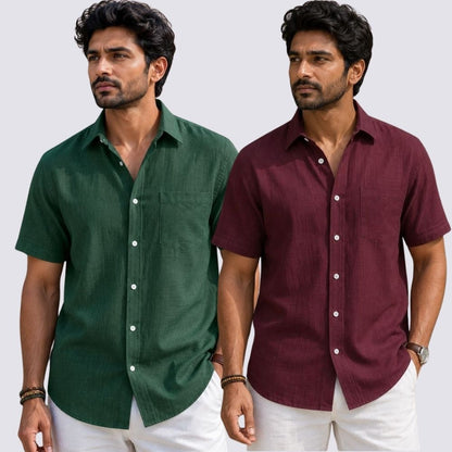 Combo of 2  Linen Half Sleeve Shirt Maroon and Bottle Green-51973