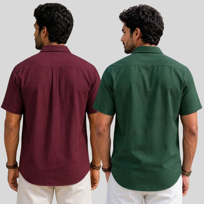 Combo of 2  Linen Half Sleeve Shirt Maroon and Bottle Green-51973