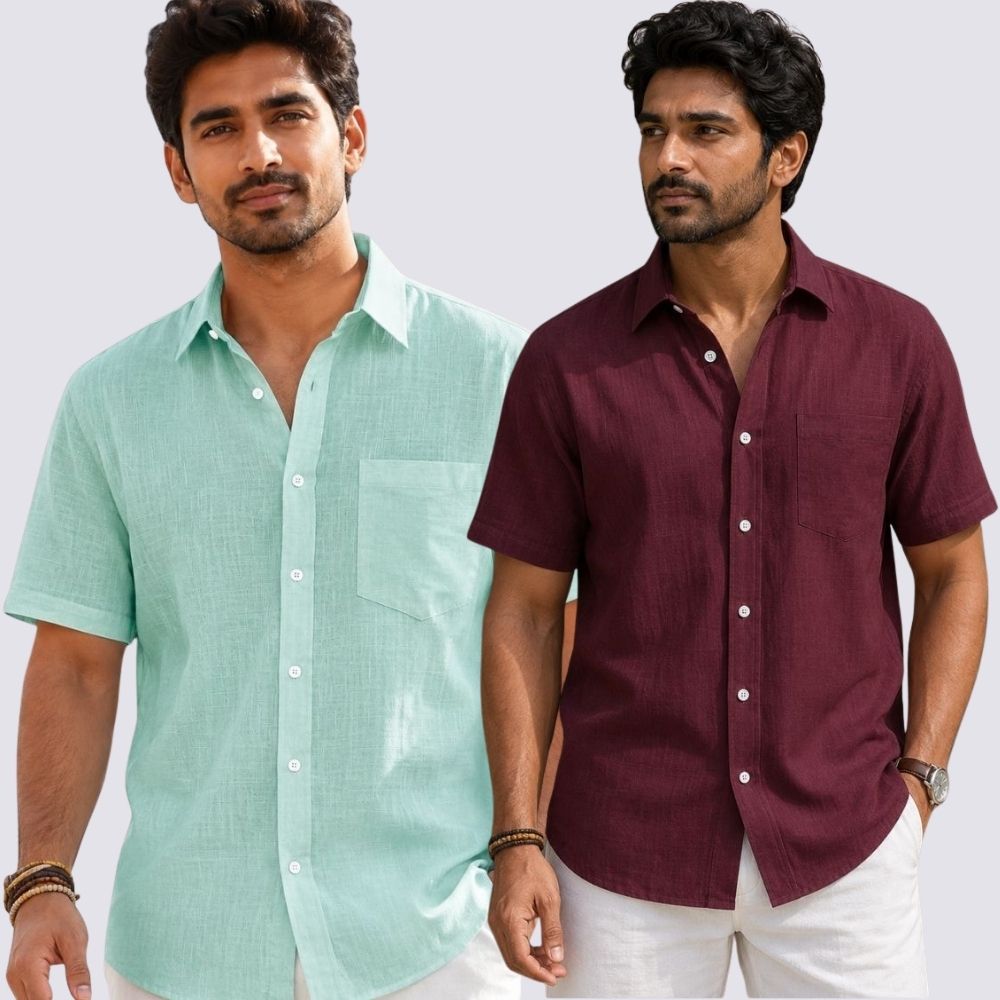 Combo of 2  Linen Half Sleeve Shirt Maroon and Parrot Green-51974