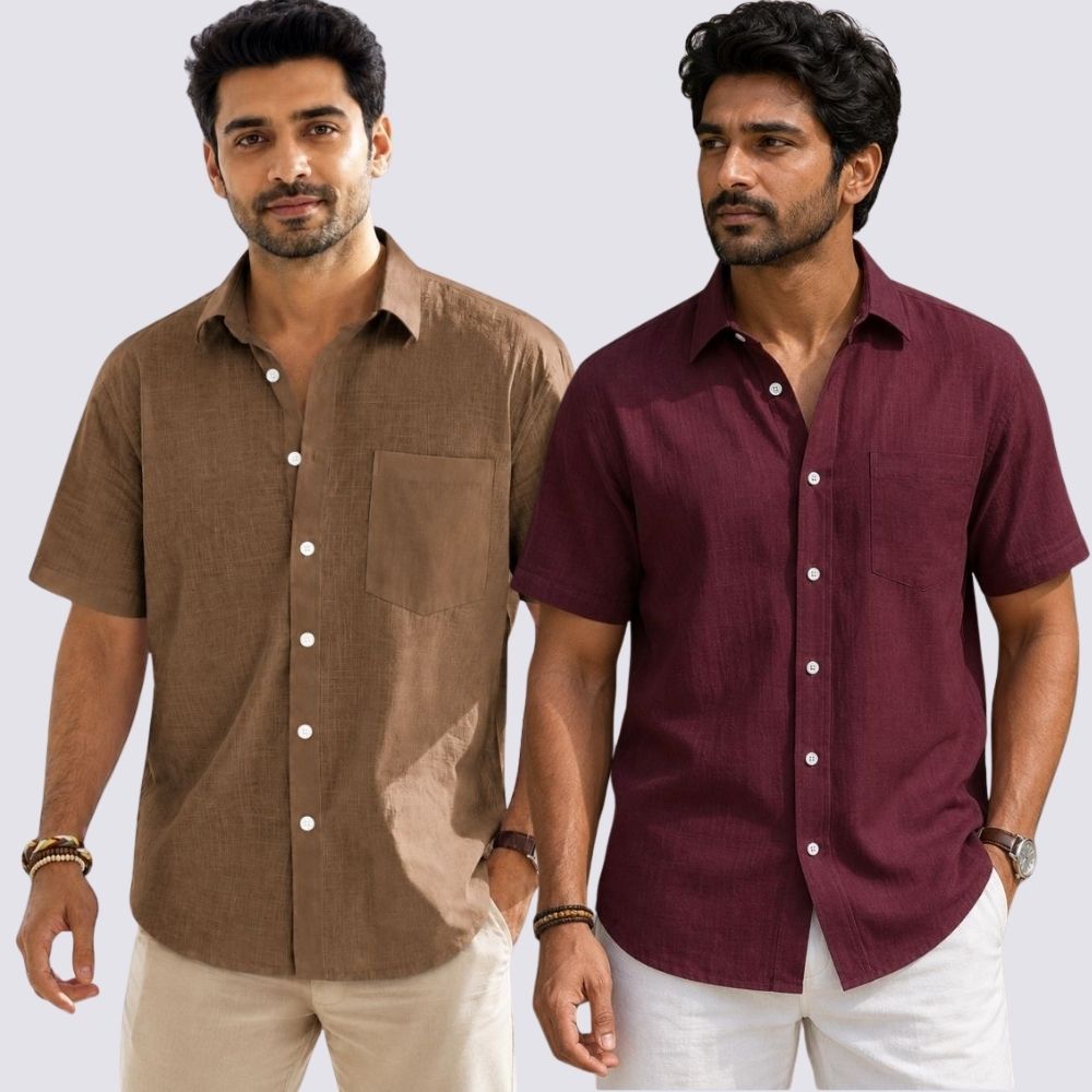Combo of 2  Linen Half Sleeve Shirt Maroon and Brown-51975