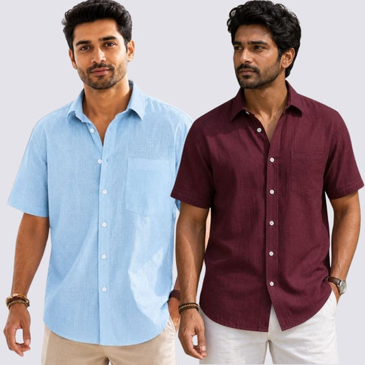 Combo of 2  Linen Half Sleeve Shirt Maroon and Light Blue-51977