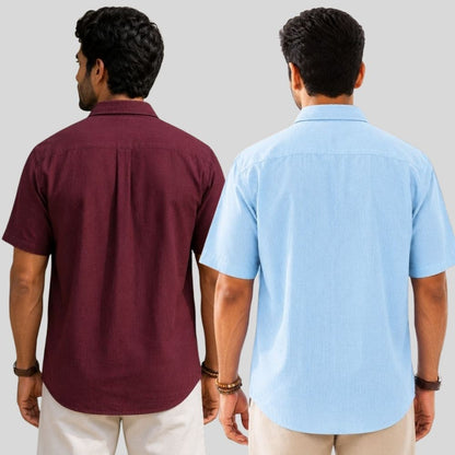 Combo of 2  Linen Half Sleeve Shirt Maroon and Light Blue-51977