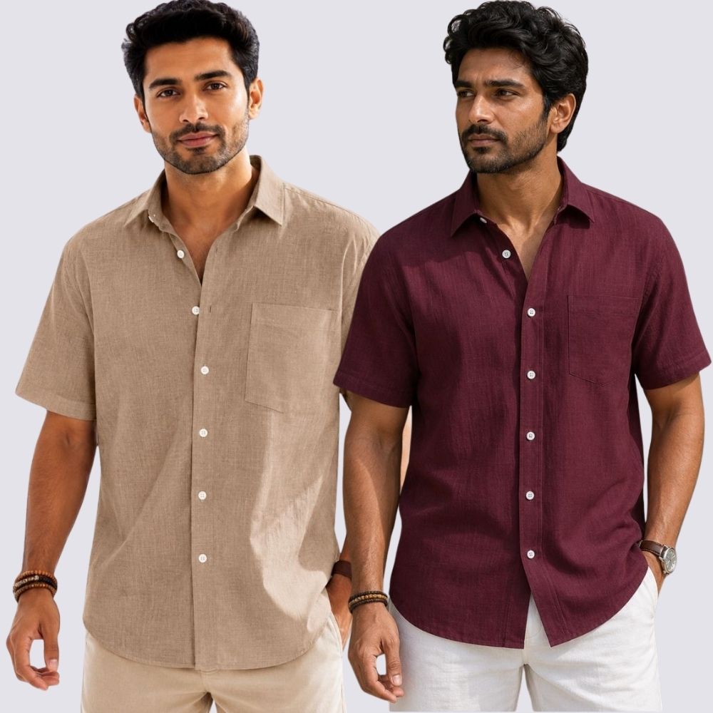 Combo of 2  Linen Half Sleeve Shirt Maroon and Dark Beige-51978