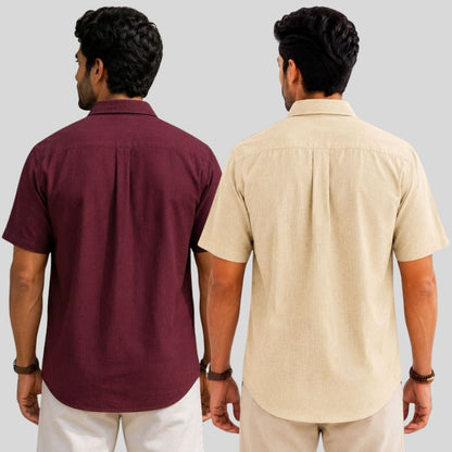 Combo of 2  Linen Half Sleeve Shirt Maroon and Beige-51979