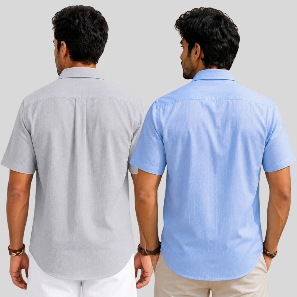Combo of 2  Linen Half Sleeve Shirt Light Gray and Sky Blue-51980