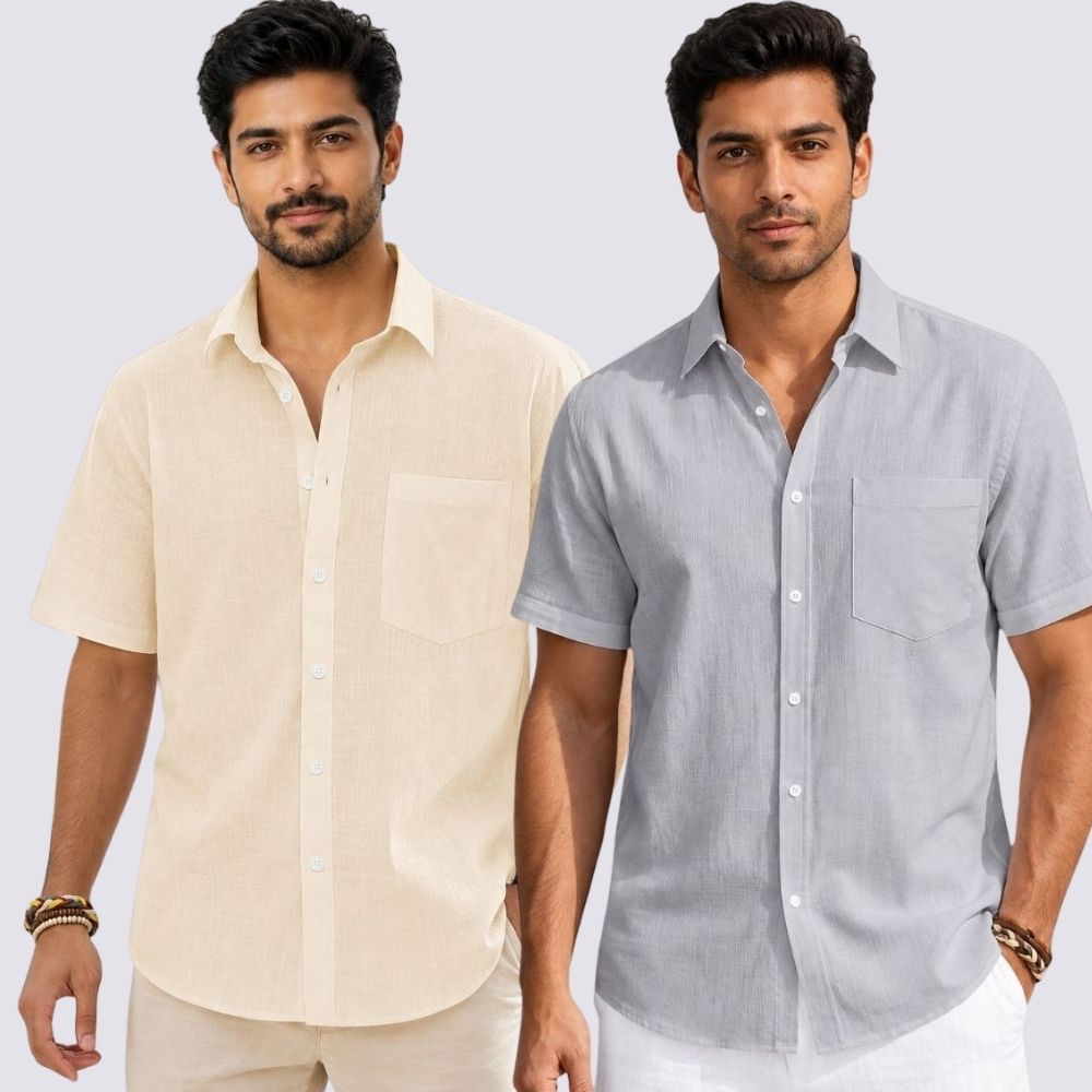 Combo of 2  Linen Half Sleeve Shirt Light Gray and Light Beige-51981