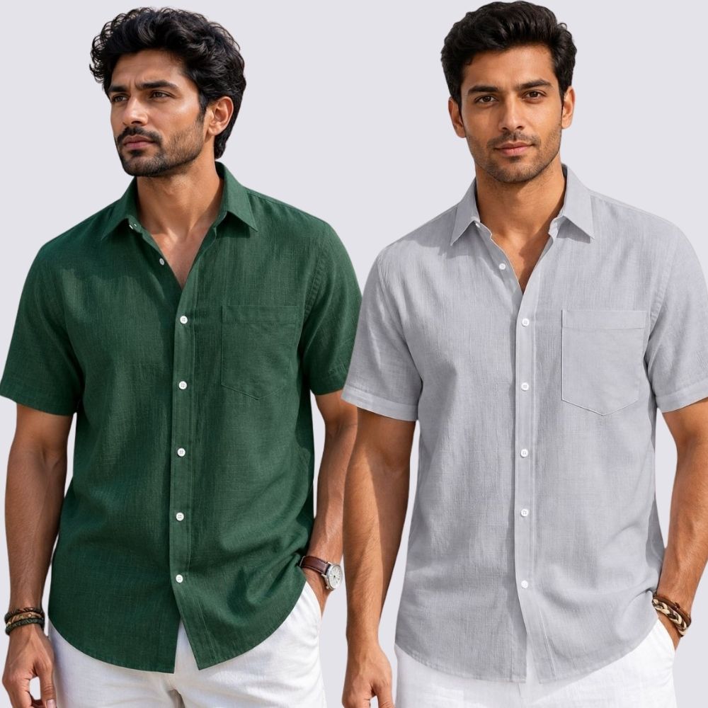 Combo of 2  Linen Half Sleeve Shirt Light Gray and Bottle Green-51982
