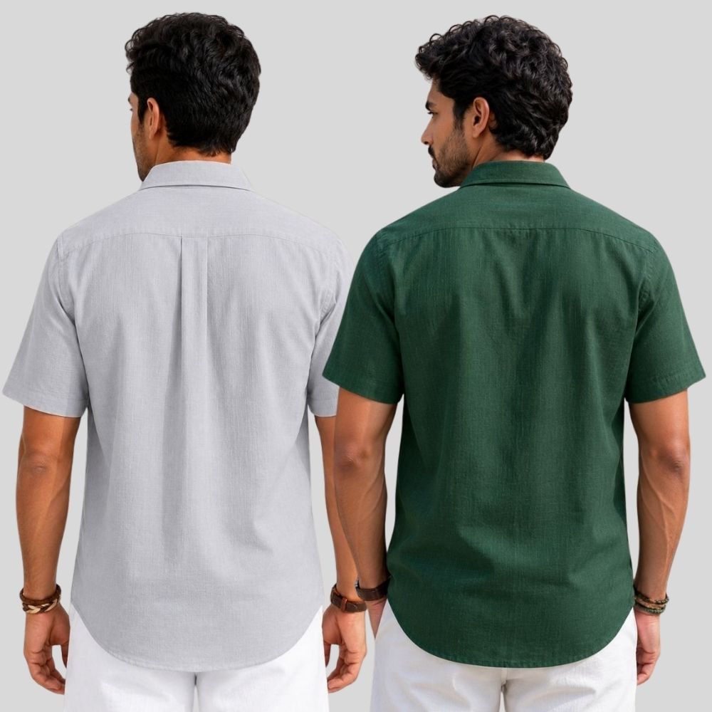 Combo of 2  Linen Half Sleeve Shirt Light Gray and Bottle Green-51982