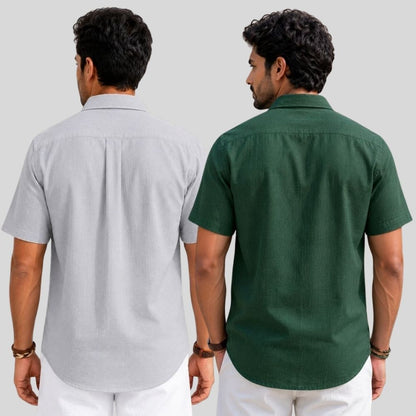Combo of 2  Linen Half Sleeve Shirt Light Gray and Bottle Green-51982