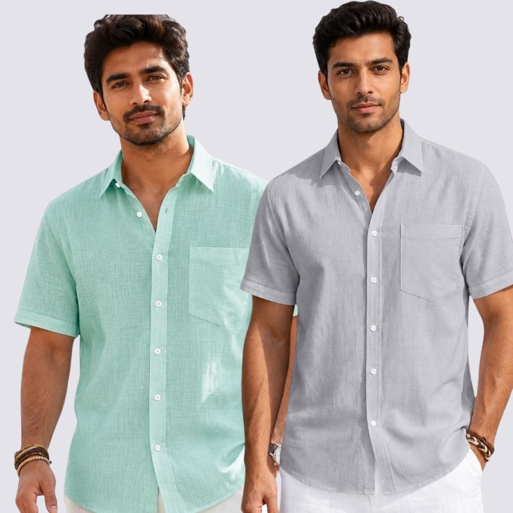 Combo of 2  Linen Half Sleeve Shirt Light Gray and Parrot Green-51983