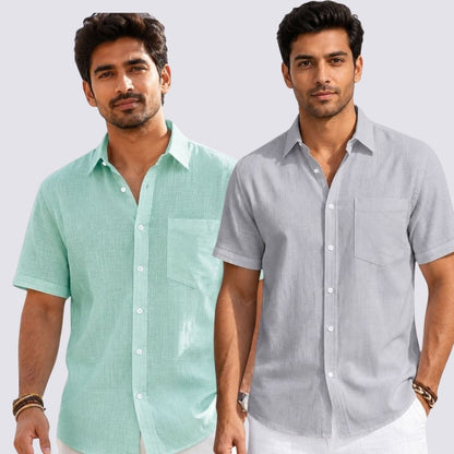 Combo of 2  Linen Half Sleeve Shirt Light Gray and Parrot Green-51983