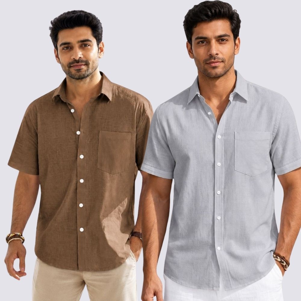Combo of 2  Linen Half Sleeve Shirt Light Gray and Brown-51984