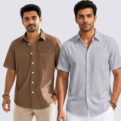 Combo of 2  Linen Half Sleeve Shirt Light Gray and Brown-51984