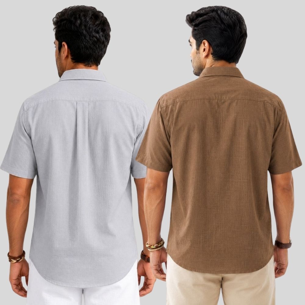 Combo of 2  Linen Half Sleeve Shirt Light Gray and Brown-51984