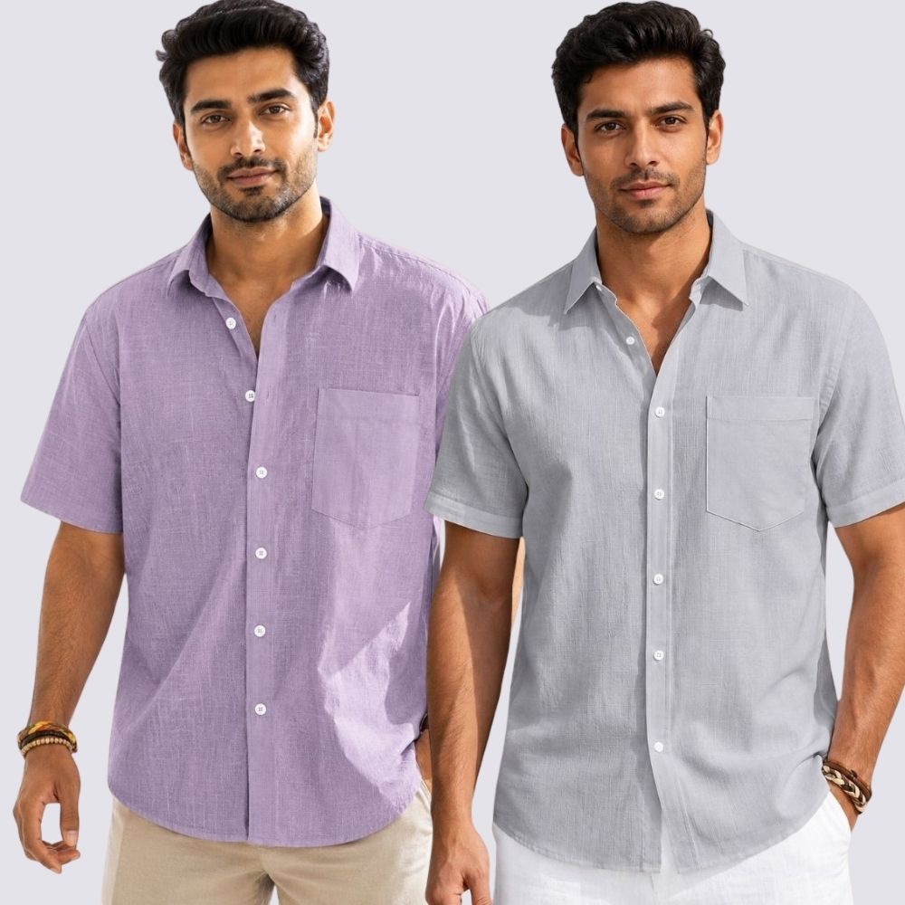 Combo of 2  Linen Half Sleeve Shirt Light Gray and Purple-51985