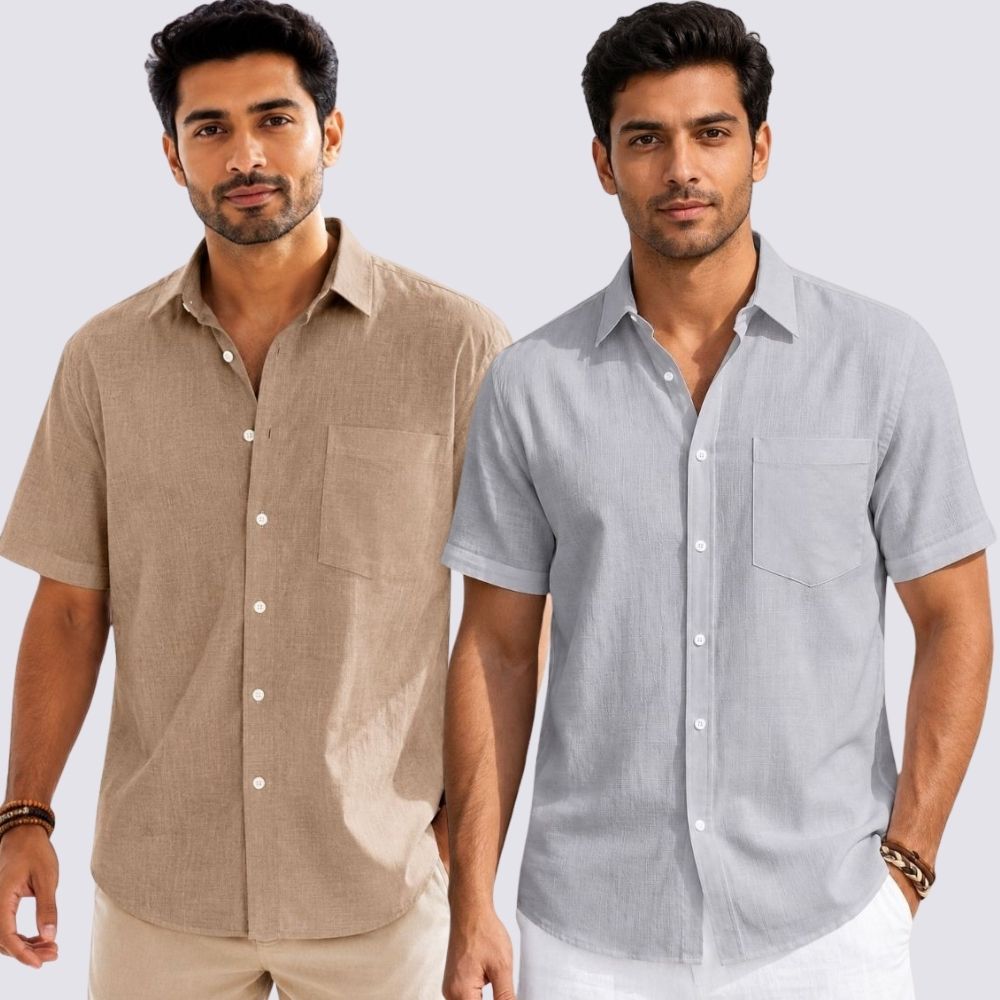 Combo of 2  Linen Half Sleeve Shirt Light Gray and Dark Beige-51987