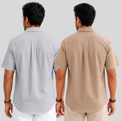 Combo of 2  Linen Half Sleeve Shirt Light Gray and Dark Beige-51987