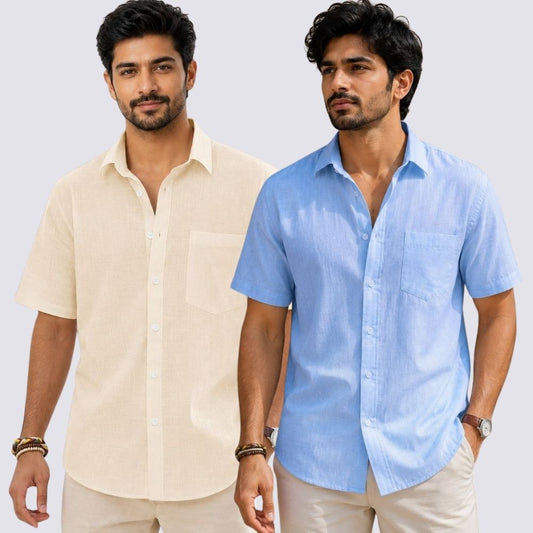 Combo of 2  Linen Half Sleeve Shirt Sky Blue and Light Beige-51989