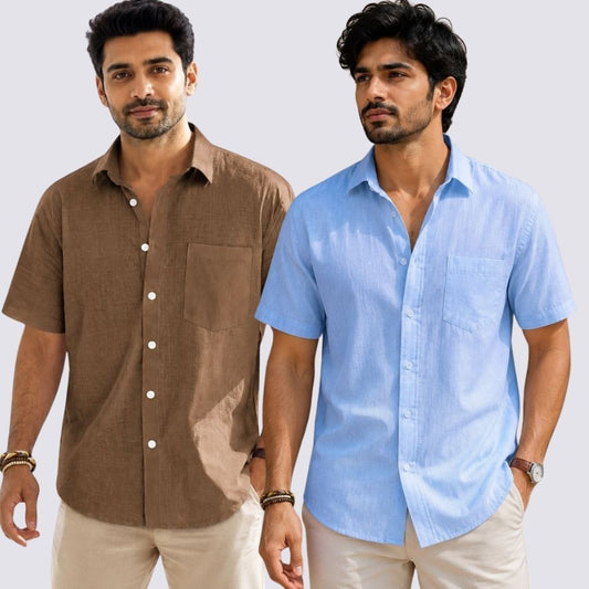 Combo of 2  Linen Half Sleeve Shirt Sky Blue and Brown-51992