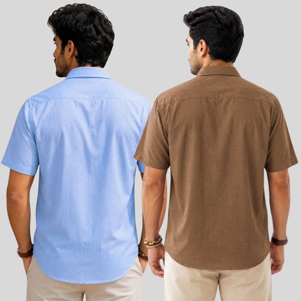 Combo of 2  Linen Half Sleeve Shirt Sky Blue and Brown-51992