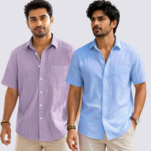 Combo of 2  Linen Half Sleeve Shirt Sky Blue and Purple-51993