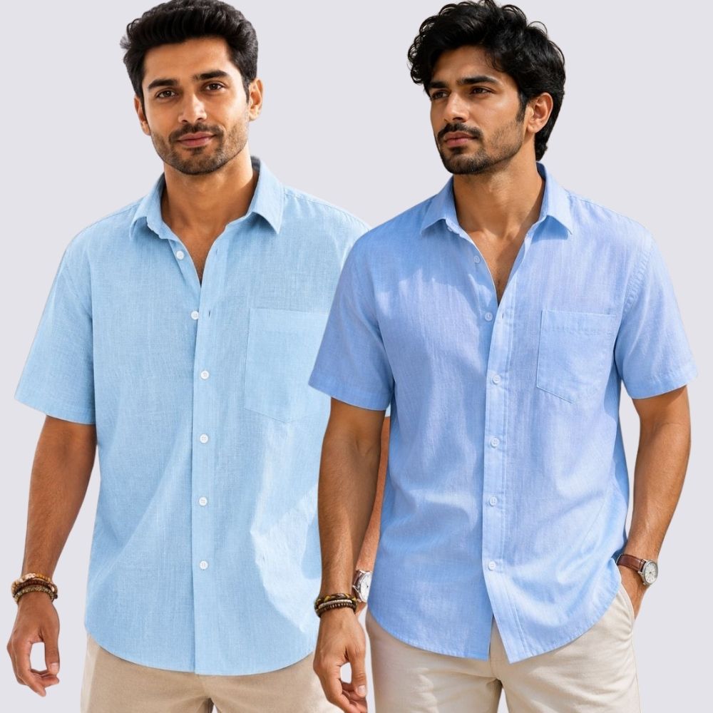 Combo of 2  Linen Half Sleeve Shirt Sky Blue and Light Blue-51994