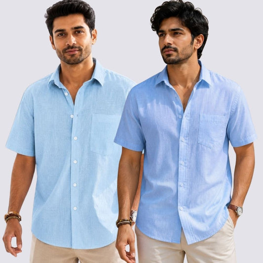 Combo of 2  Linen Half Sleeve Shirt Sky Blue and Light Blue-51994