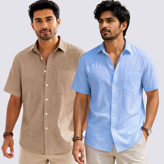 Combo of 2  Linen Half Sleeve Shirt Sky Blue and Dark Beige-51995