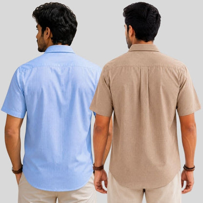 Combo of 2  Linen Half Sleeve Shirt Sky Blue and Dark Beige-51995