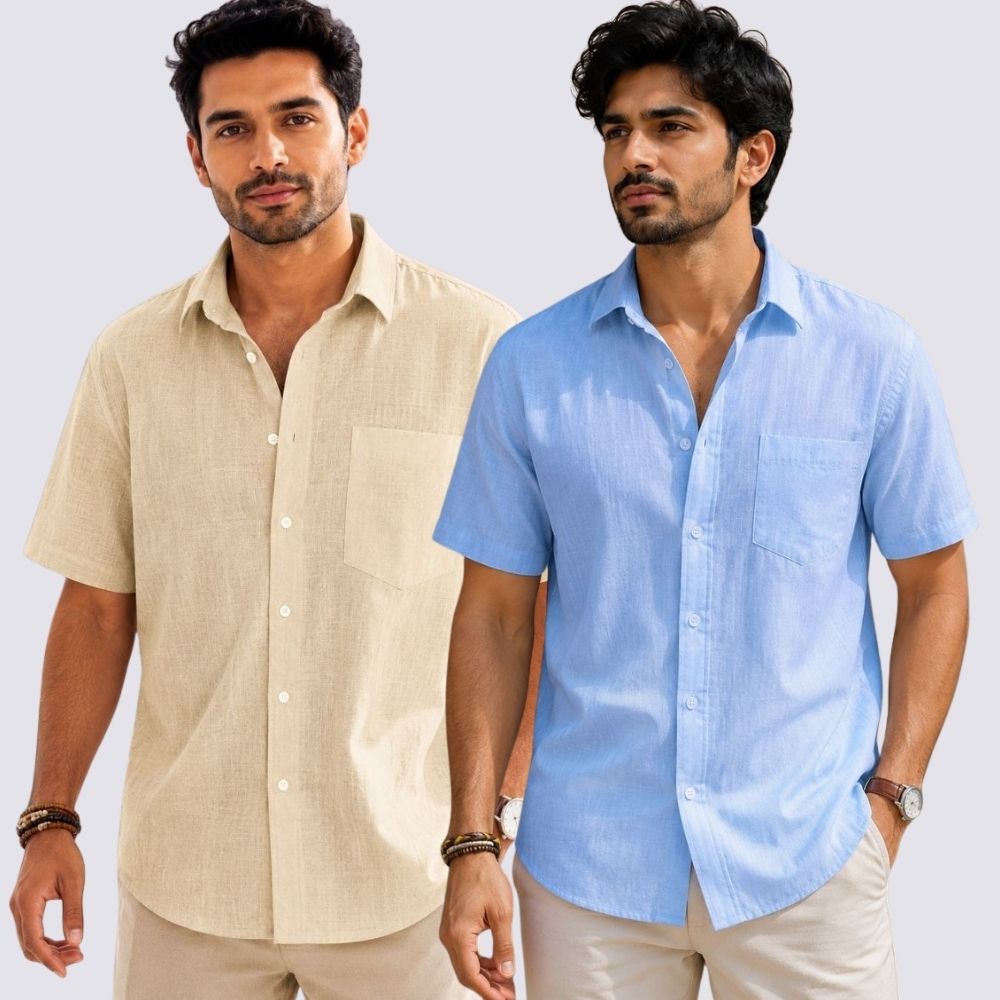 Combo of 2  Linen Half Sleeve Shirt Sky Blue and Beige-51996
