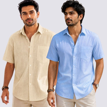 Combo of 2  Linen Half Sleeve Shirt Sky Blue and Beige-51996