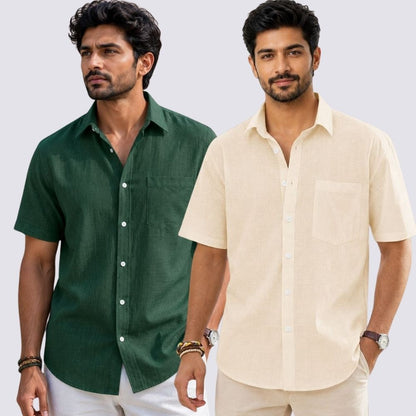 Combo of 2  Linen Half Sleeve Shirt Light Beige and Bottle Green-51997